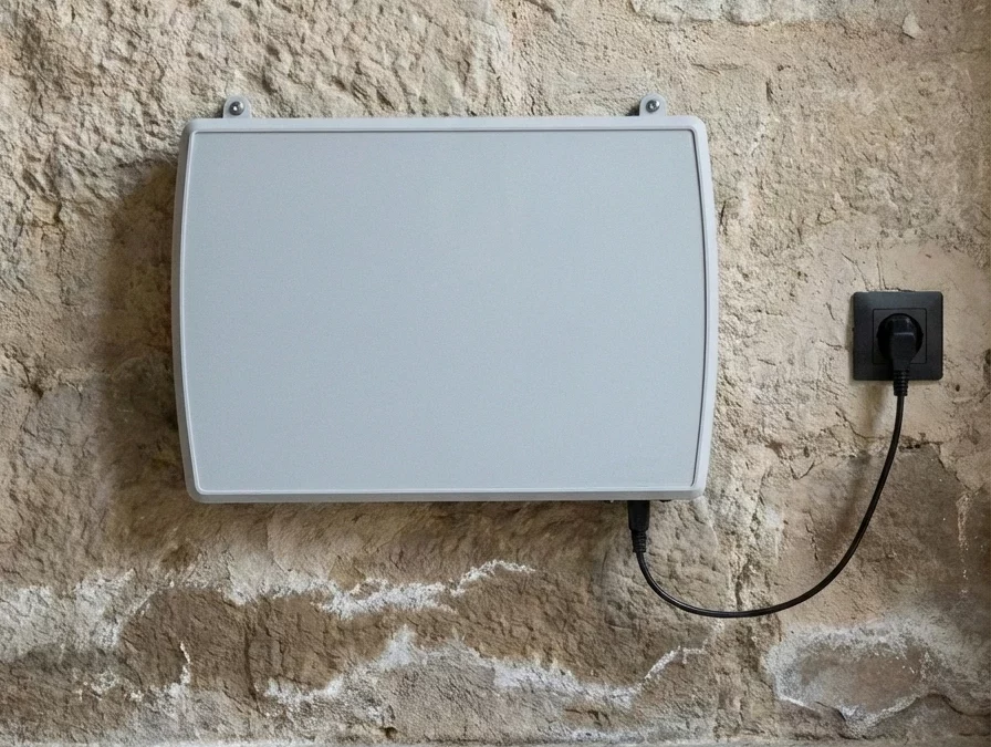 Dispositif blanc de traitement d'humidité avec boîtier noir sur mur pierre