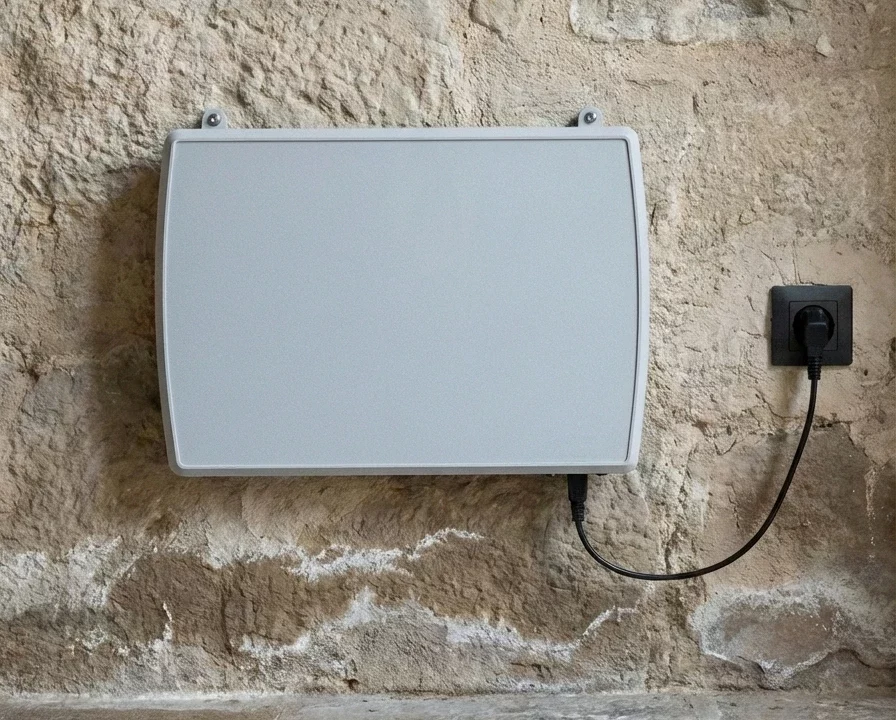 Dispositif blanc de traitement d'humidité avec boîtier noir sur mur pierre