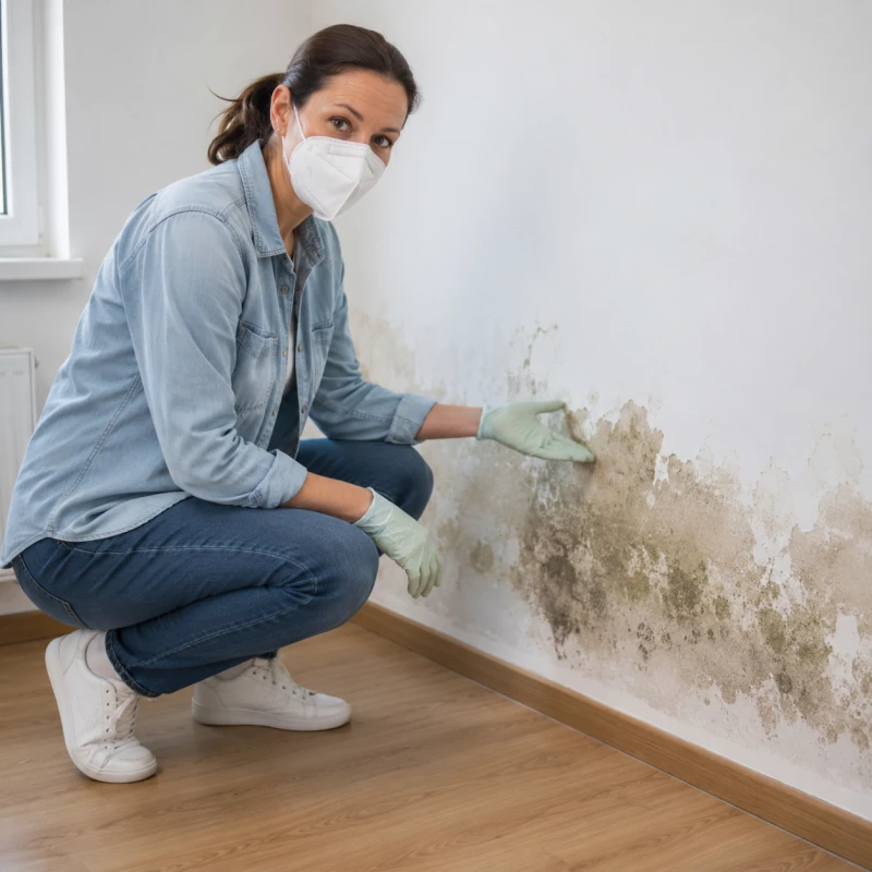 Persona con mascarilla junto a manchas de humedad en una pared interior